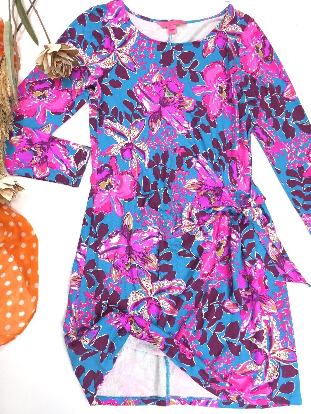 New Lilly Pullitzer Pink Burgundy Teal Floral Rouched Tie Side Dress S